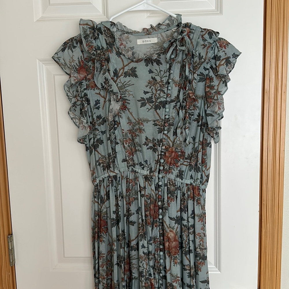 Ruffled Floral Maxi Dress in Sage Blue by D O E N